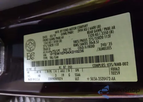 2019 Ford F-150 Lariat z USA, uszkodzony, nr VIN 1FTEW1EP0KKD10236